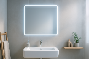 Modernes Badezimmer mit beleuchtetem LED-Spiegel mit Anti-Beschlag-Funktion über dem Waschbecken
