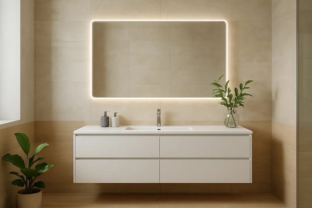 Modernes Badezimmer mit rechteckigem LED-Badspiegel über einem hellen Waschtisch