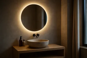 Runder LED-Spiegel mit warmweißem Licht über einem hellen Waschtisch in einem modernen Badezimmer am Abend