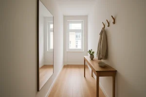 Schmaler heller Flur mit großem rahmenlosem Ganzkörperspiegel an der Längswand, der Tageslicht vom Fenster reflektiert