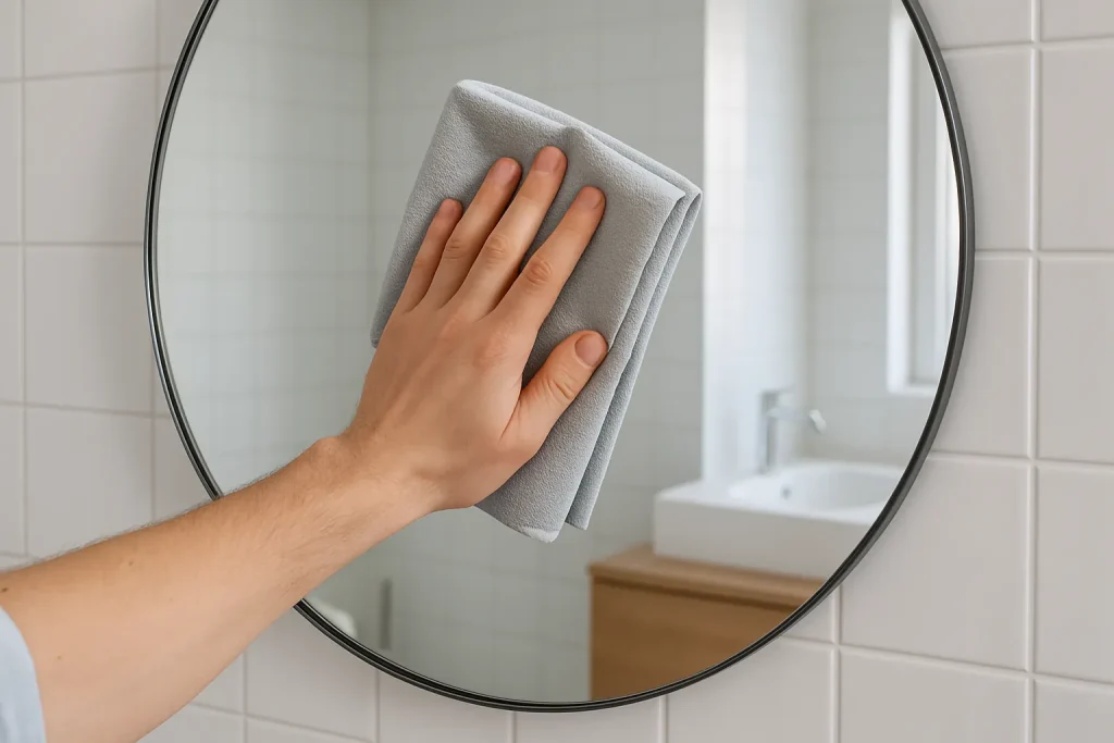 Eine Hand reinigt einen runden Badspiegel mit einem grauen Mikrofasertuch in einem hellen, modernen Badezimmer.