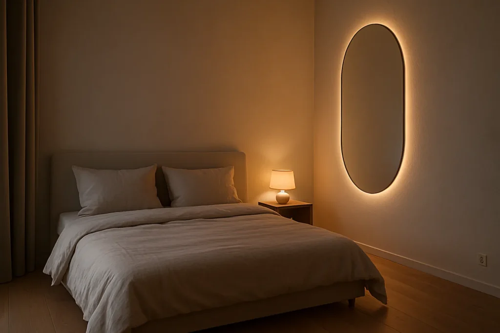 Ruhiges Schlafzimmer mit ovalem, warmweiß beleuchtetem Spiegel an der Wand neben dem Bett